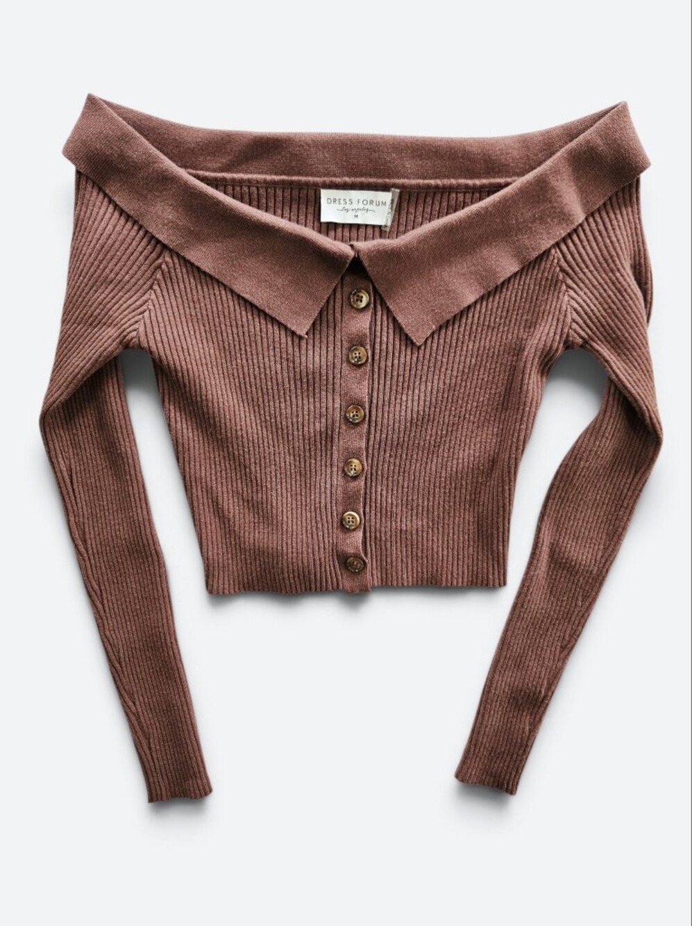 Dress Forum Ribbed Knit Wide Fold Over Collar Off-The-Shoulder Sweater Top M